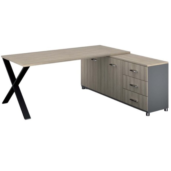 Rohový kancelářský psací stůl PRIMO PROTEST, skříňka vpravo, 1800 x 800 mm, šedá / dub přírodní
