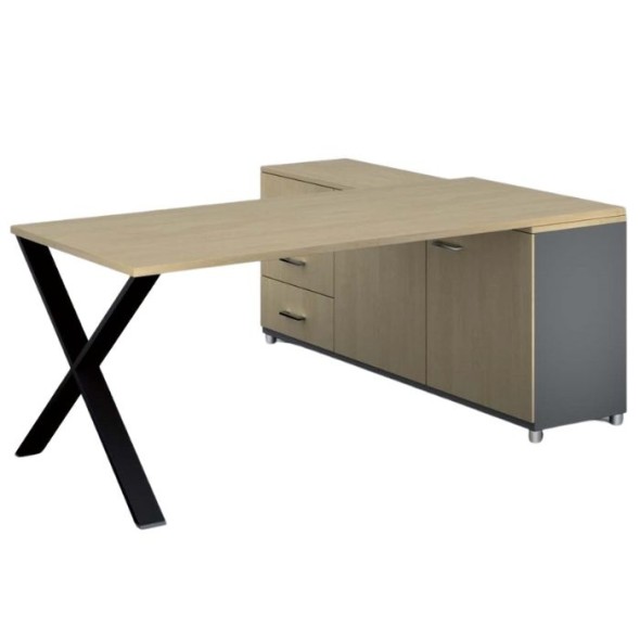 Rohový kancelářský psací stůl PRIMO PROTEST, skříňka vlevo, 1800 x 800 mm, šedá / bříza