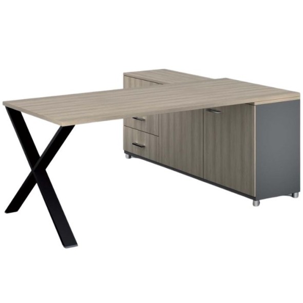 Rohový kancelářský psací stůl PRIMO PROTEST, skříňka vlevo, 1800 x 800 mm, šedá / dub přírodní