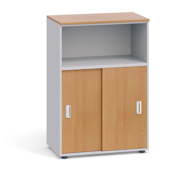 Kancelářská skříň kombinovaná, zasouvací dveře, 1087x800x420 mm, šedá / buk