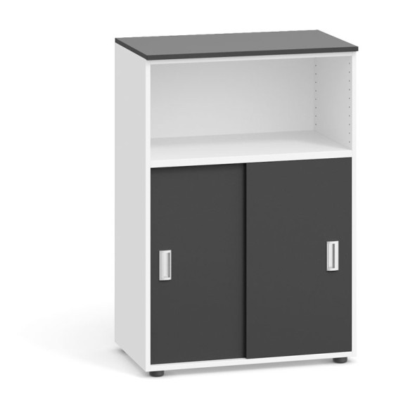 Kancelářská skříň kombinovaná, zasouvací dveře, 1087x800x420 mm, bílá/grafitová