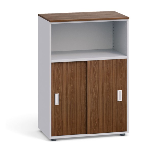 Kombinovaná kancelářská skříň PRIMO, zasouvací dveře, 1087 x 800 x 420 mm, šedá / ořech