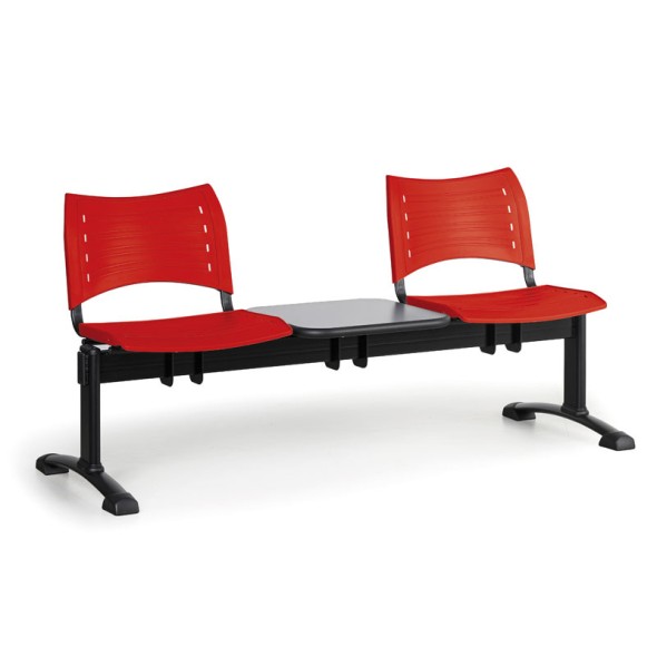 Plastová lavice do čekáren VISIO, 2-sedák, se stolkem, červená, černé nohy