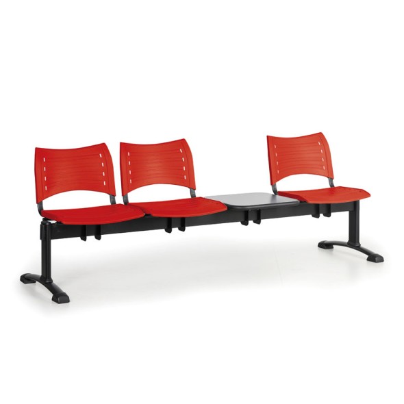 Plastová lavice do čekáren VISIO, 3-sedák, se stolkem, červená, černé nohy