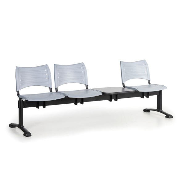 Plastová lavice do čekáren VISIO, 3-sedák, se stolkem, šedá, černé nohy