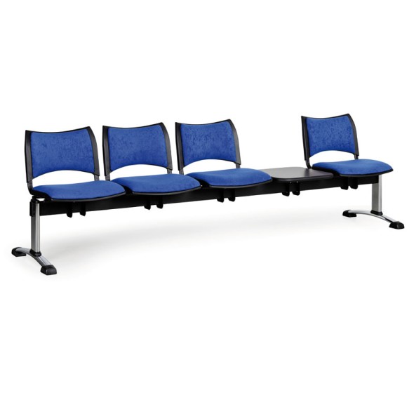 Čalouněná lavice do čekáren SMART, 4-sedák, se stolkem, modrá, chromované nohy