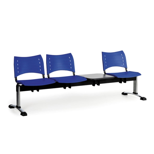 Plastová lavice do čekáren VISIO, 3-sedák, se stolkem, modrá, chromované nohy