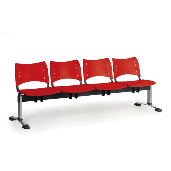 Plastová lavice do čekáren VISIO, 4-sedák, červená, chromované nohy