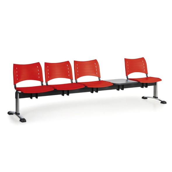 Plastová lavice do čekáren VISIO, 4-sedák, se stolkem, červená, chromované nohy