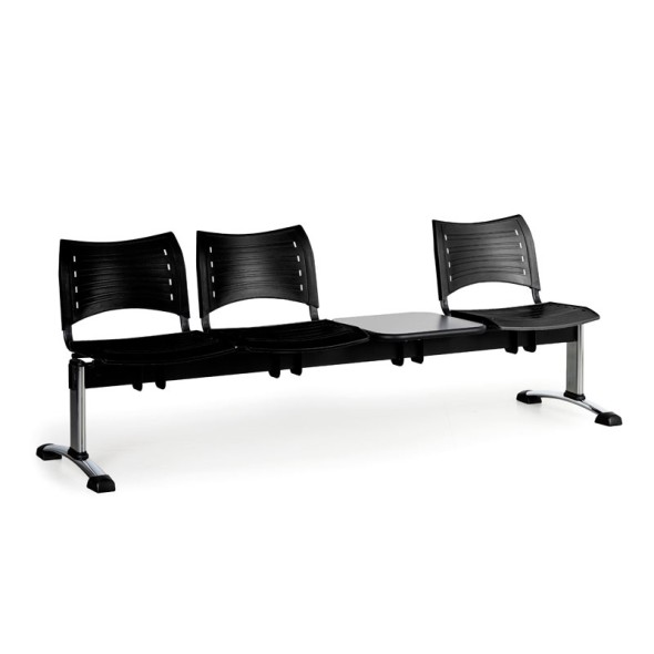 Plastová lavice do čekáren VISIO, 3-sedák, se stolkem, černá, chromované nohy