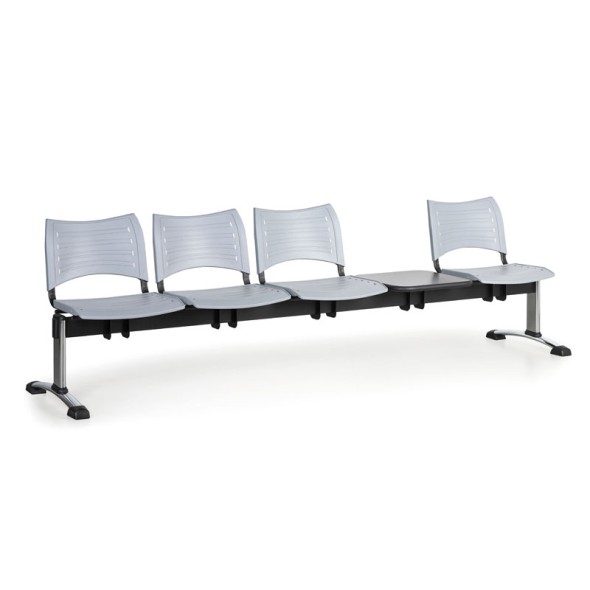 Plastová lavice do čekáren VISIO, 4-sedák, se stolkem, šedá, chromované nohy