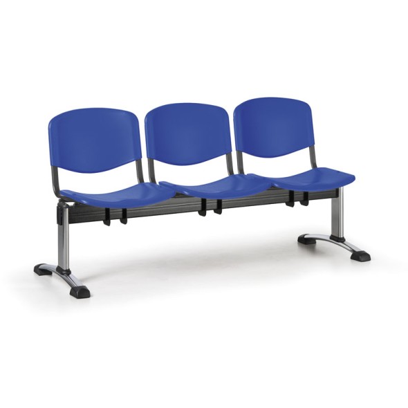 Plastová lavice do čekáren ISO, 3-sedák, modrá, chrom nohy