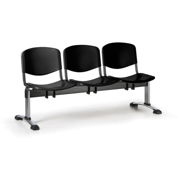 Plastová lavice do čekáren ISO, 3-sedák, černá, chrom nohy