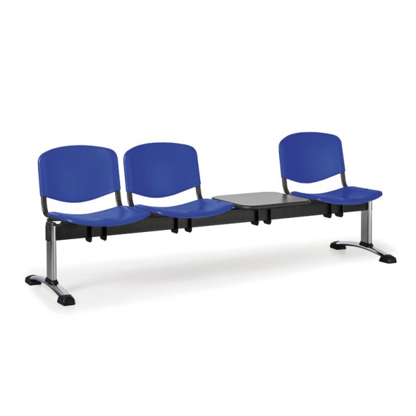 Plastová lavice do čekáren ISO, 3-sedák, se stolkem, modrá, chrom nohy