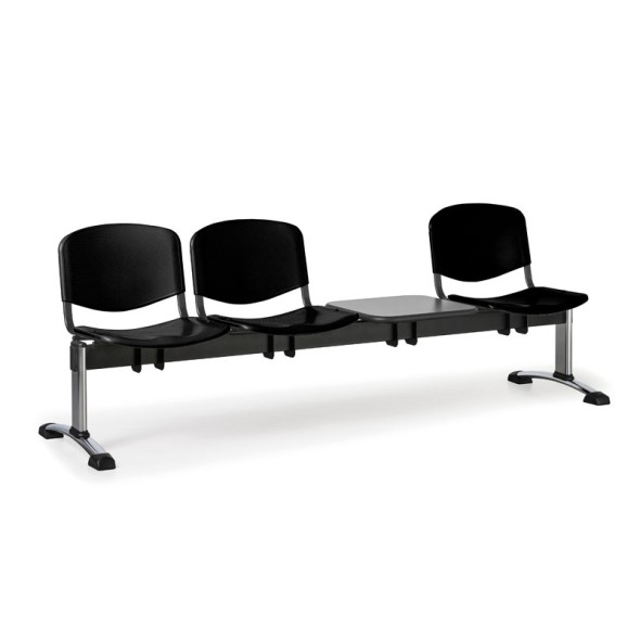 Plastová lavice do čekáren ISO, 3-sedák, se stolkem, černá, chrom nohy
