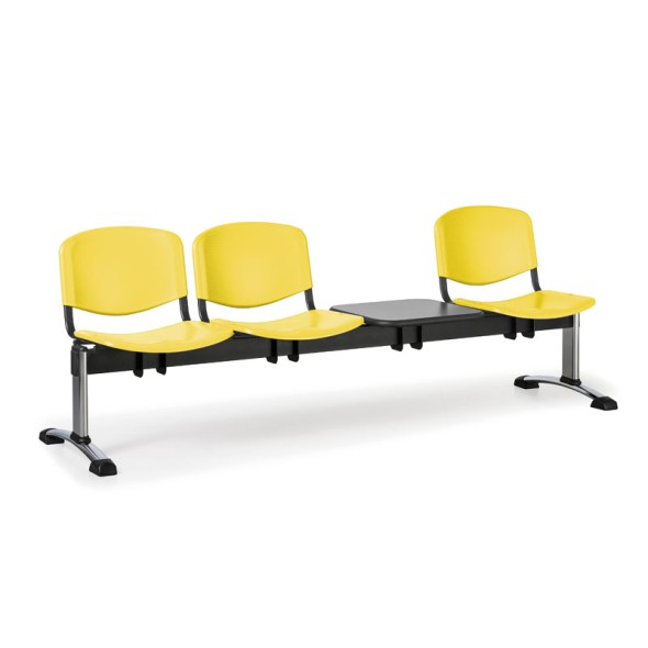 Plastová lavice do čekáren ISO, 3-sedák, se stolkem, žlutá, chrom nohy