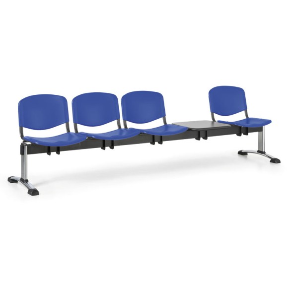 Plastová lavice do čekáren ISO, 4-sedák, se stolkem, modrá, chrom nohy