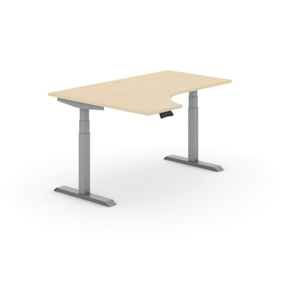 Výškově nastavitelný stůl PRIMO ADAPT, elektrický, 1600x1200X625-1275 mm, ergonomický levý, bříza, šedá podnož