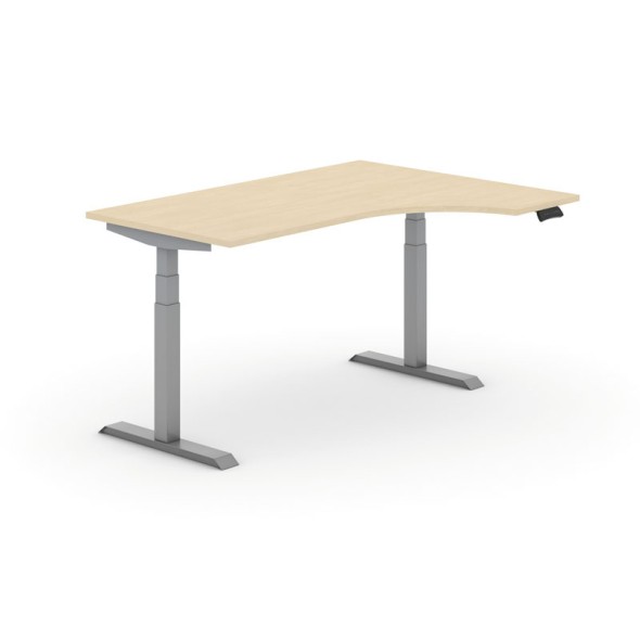 Výškově nastavitelný stůl PRIMO ADAPT, elektrický, 1600x1200x625-1275 mm, ergonomický pravý, bříza, šedá podnož