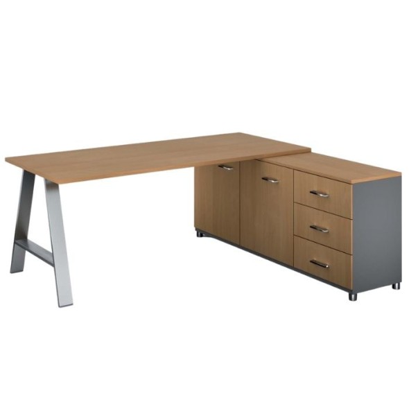Rohový kancelářský psací stůl PRIMO STUDIO, skříňka vpravo, 1800 x 800 mm, šedá / buk
