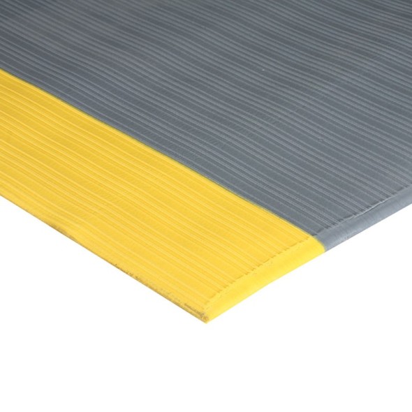 Protiúnavová rohož s drážkami a žlutými okraji, PVC, 0,9 x 18,3 m, šedá / žlutá