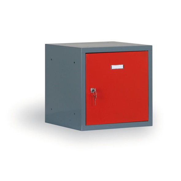 Šatní skříňka s uzamykatelným boxem 400x400x400 mm, antracitový korpus, červené dveře, cylindrický zámek