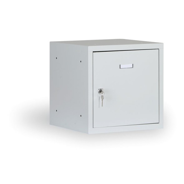 Šatní skříňka s uzamykatelným boxem 300x300x300 mm, šedé dveře, cylindrický zámek