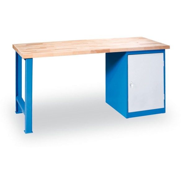 Dílenský pracovní stůl GÜDE Variant, buková spárovka, pevná noha + zásuvková dílenská skříňka na nářadí, 1500 x 800 x 850 mm, modrá