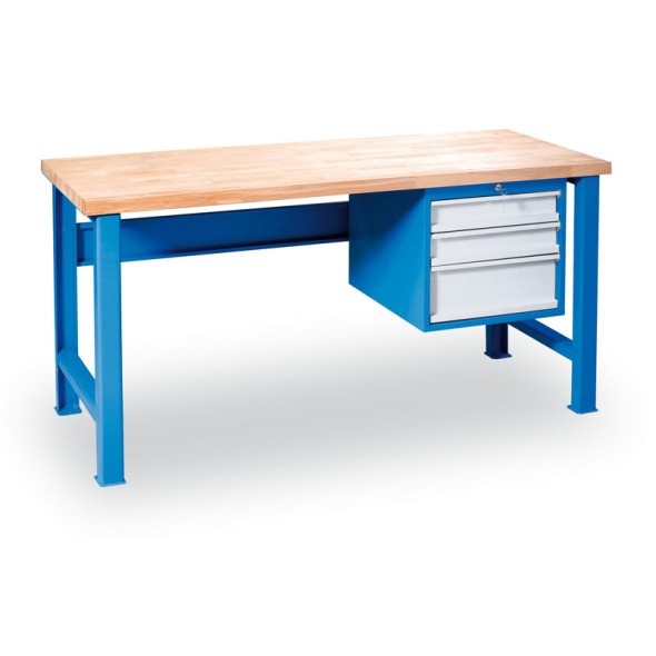 Výškově nastavitelný pracovní stůl GÜDE Variant se závěsným boxem na nářadí, buková spárovka, 3 zásuvky, 1500 x 800 x 850 - 1050 mm, modrá