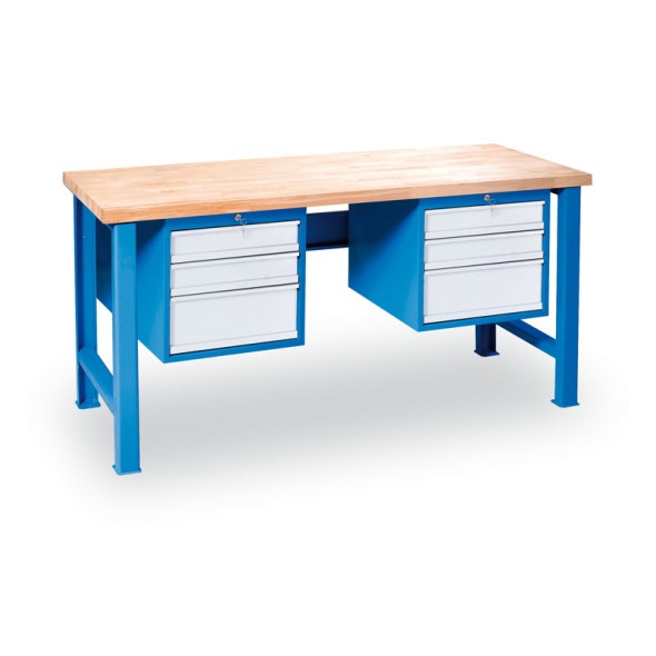 Výškově nastavitelný pracovní stůl GÜDE Variant se 2 závěsnými boxy na nářadí, buková spárovka, 6 zásuvek, 2000 x 800 x 850 - 1050 mm, modrá