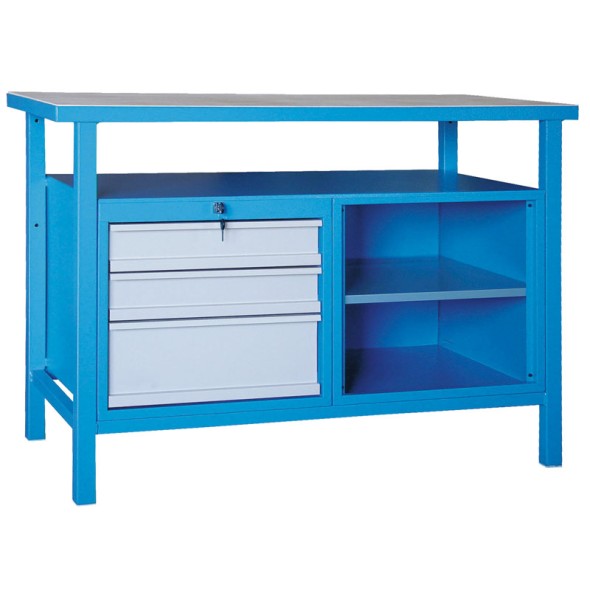 Dílenský pracovní stůl GÜDE Basic, smrk + buková překližka, 3 zásuvky, 1 police, 1190 x 600 x 850 mm, modrá
