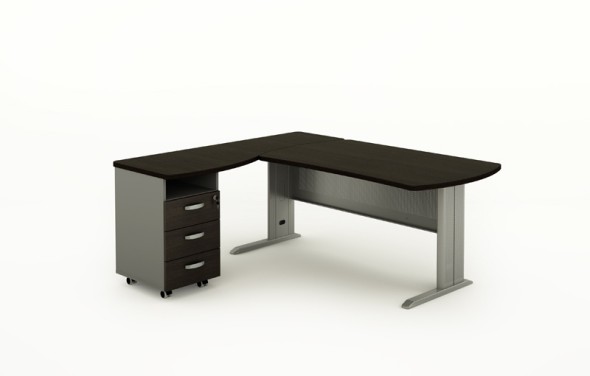 Rohový kancelářský psací stůl BERN s kontejnerem, kovová podnož, 1600 x 1600 mm, levý, wenge