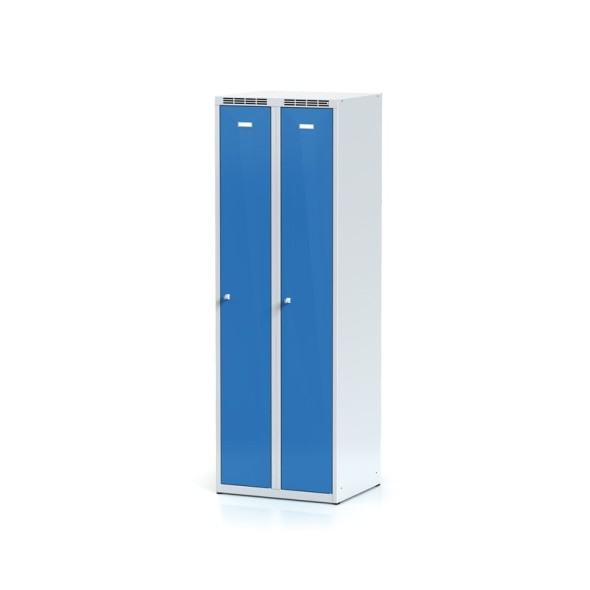 Metalowa szafka ubraniowa, niebieskie drzwi, zamek obrotowy