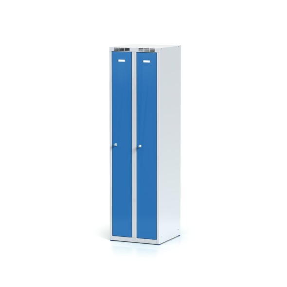 Metalowa szafka ubraniowa, wąska, niebieskie drzwi, zamek cylindryczny