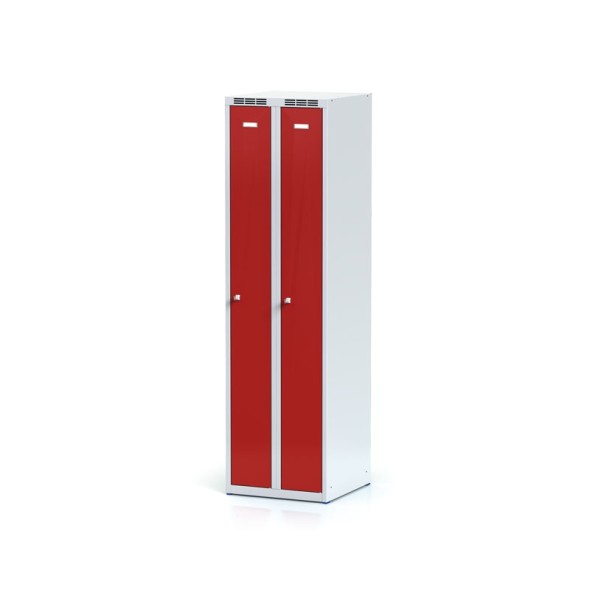 Metalowa szafka ubraniowa, wąska, czerwone drzwi, zamek cylindryczny