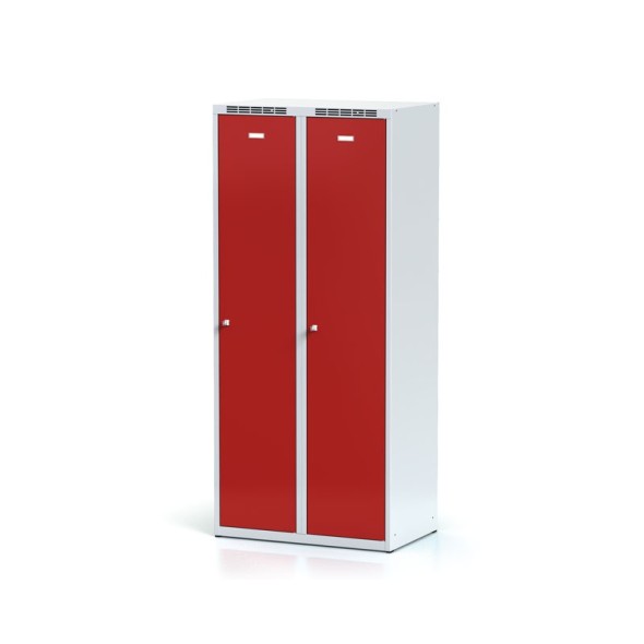 Metalowa szafka ubraniowa z przegrodą, 2-drzwiowa, czerwone drzwi, zamek obrotowy