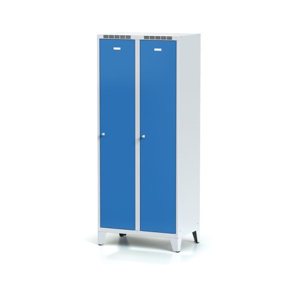 Metalowa szafka ubraniowa z przegrodą, na nogach, 2-drzwiowa, niebieskie drzwi, zamek cylindryczny