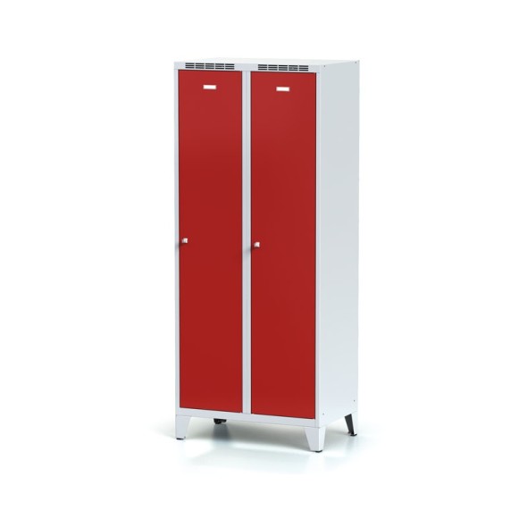 Metalowa szafka ubraniowa z przegrodą, na nogach, 2-drzwiowa, czerwone drzwi, zamek obrotowy