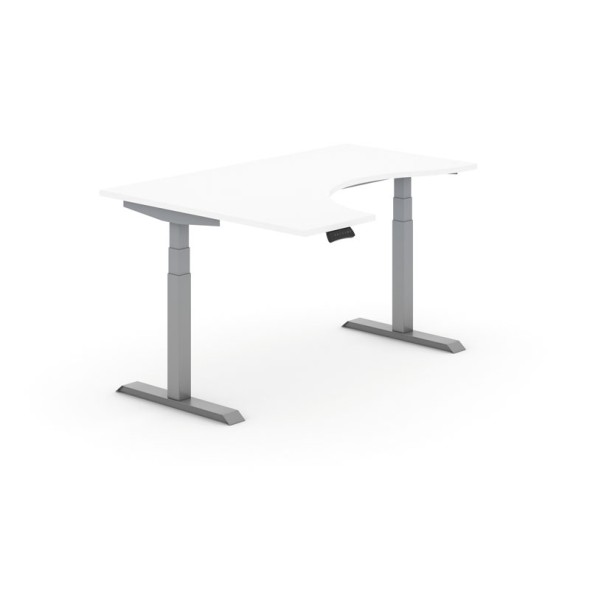 Stół z regulacją wysokości PRIMO ADAPT, elektryczny, 1600x1200x625-1275 mm, ergonomiczny lewy, biały, szary stelaż