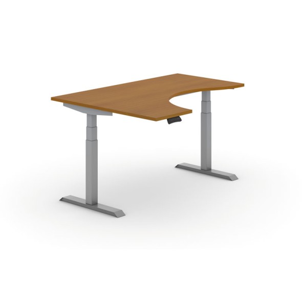 Stół z regulacją wysokości PRIMO ADAPT, elektryczny, 1600x1200x625-1275 mm, ergonomiczny lewy, czereśnia, szary stelaż