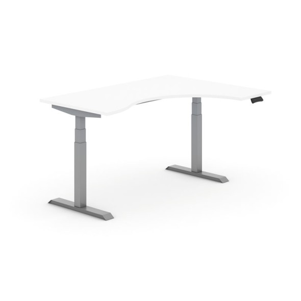 Stół z regulacją wysokości PRIMO ADAPT, elektryczny, 1600x1200x625-1275 mm, ergonomiczny prawy, biały, szary stelaż