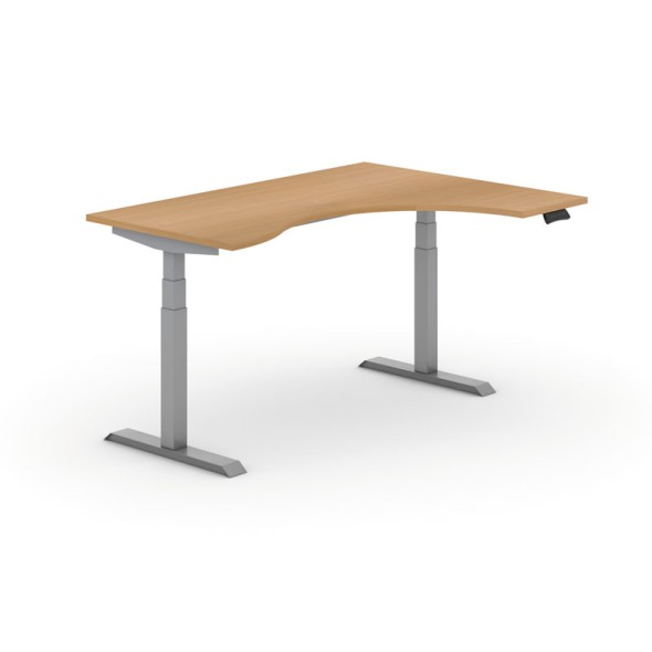 Stół z regulacją wysokości PRIMO ADAPT, elektryczny, 1600x1200x625-1275 mm, ergonomiczny prawy, buk, szary stelaż