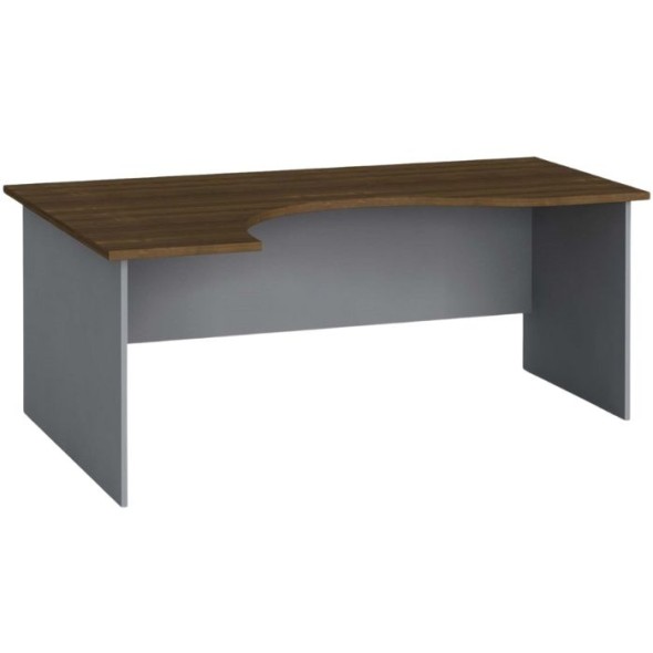Narożny stół biurowy, zaokrąglony PRIMO FLEXI 180x120 cm, orzech, szary / orzech