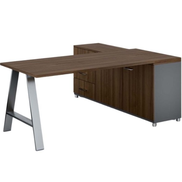 Biurowy stół roboczy PRIMO STUDIO z szafką po lewej, blat 1800 x 800 mm, szary / orzech