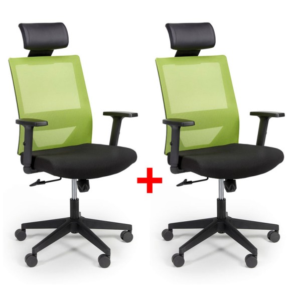 Krzesło biurowe z oparciem z siatki WOLF, regulowane podłokietniki, plastikowy krzyżak, 1+1 GRATIS, zielone