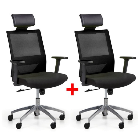 Krzesło biurowe z oparciem z siatki WOLF II, regulowane podłokietniki, aluminiowy krzyżak, 1+1 GRATIS, czarne