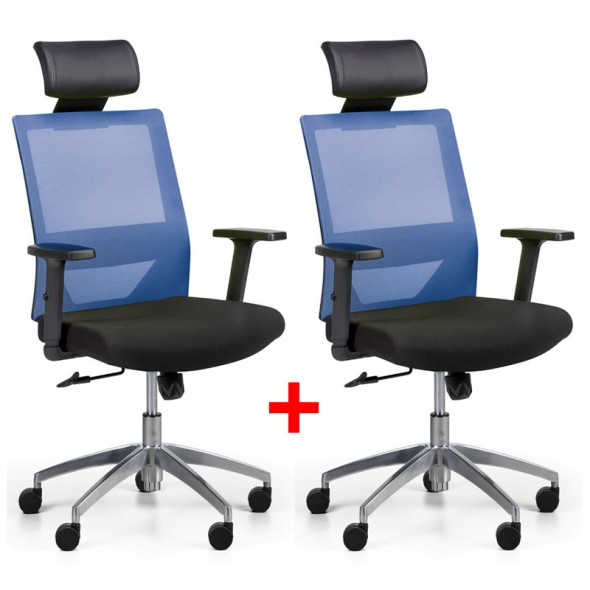 Krzesło biurowe z oparciem z siatki WOLF II, regulowane podłokietniki, aluminiowy krzyżak, 1+1 GRATIS, niebieskie