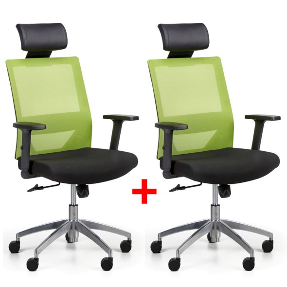 Krzesło biurowe z oparciem z siatki WOLF II, regulowane podłokietniki, aluminiowy krzyżak, 1+1 GRATIS, zielone