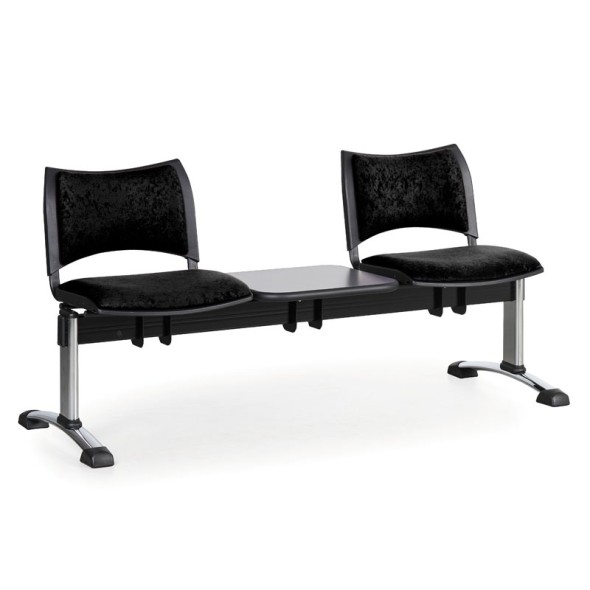 Ławka do poczekalni tapicerowana SMART, 2 siedzenia + stołek, czarny, chromowane nogi