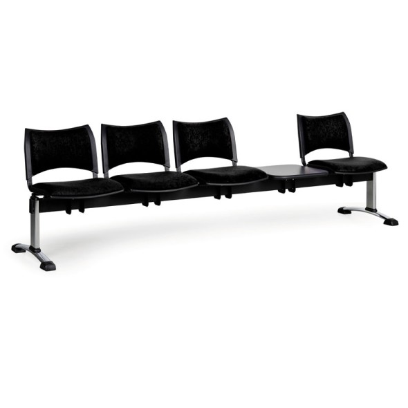 Ławka do poczekalni tapicerowana SMART, 4 siedzenia + stołek, czarny, chromowane nogi